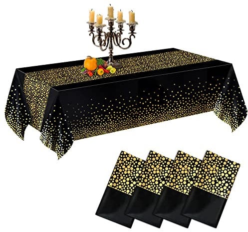 CHEPULA Tischdecke Einweg, [4 Stück] Wasserdicht Geburtstag Tischdecken, Rechteckig Tischtuch Geeignet für Party, Kindergeburtstag, Hochzeit, Weihnachten, 137 x 274 cm, Schwarz & Gold