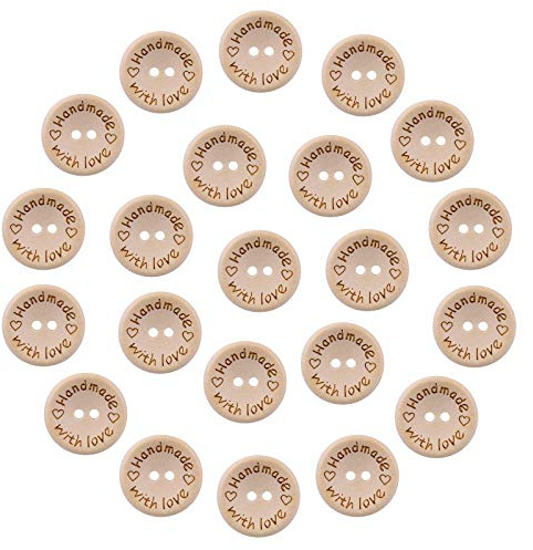 Alfykym 200Pcs 1 inch Wooden Craft Buttons 25mm Handmade with Love Wood Button for Crafts 2 Holes for Crafting Sewing DIY Decor