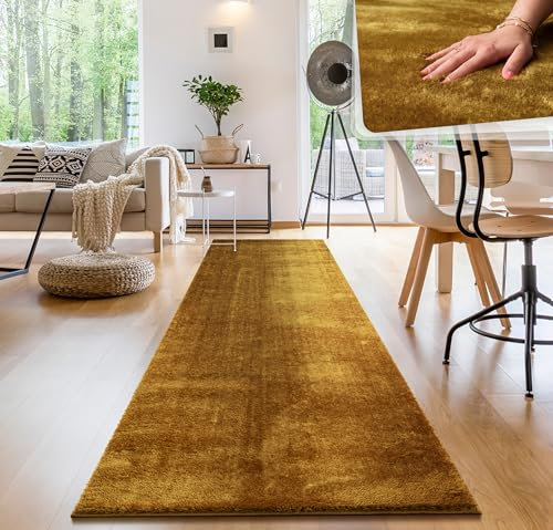Paco Home Moderner Kuscheliger Wohnzimmer Teppich Kurzflor waschbar flauschig Weich Einfarbig Felloptik zeitlos stilvoll rutschfest pflegeleicht, Grösse:80x300 cm, Farbe:Gelb