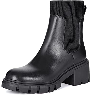 Athlefit Women's Chelsea Platform Ankle Boots Elastic Chunky Heel Lug Sole Black Booties Size 8.5