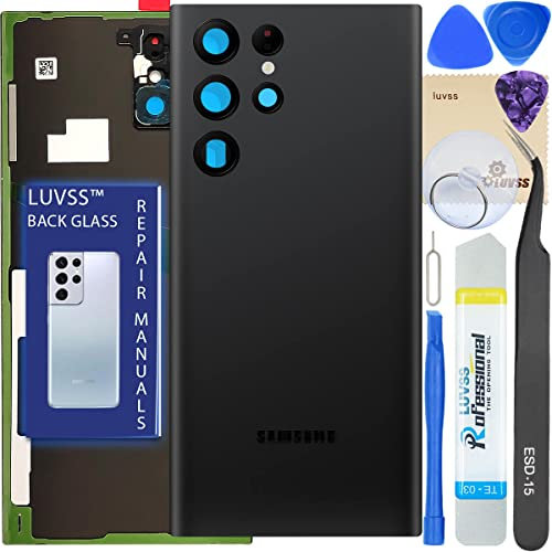 LUVSS Vitre Arrière pour Samsung Galaxy S22 Ultra SM-S908 Noir Coque Cache Batterie avec Lentille de Caméra, Adhésifs, Kit Outils, Guide De Réparation