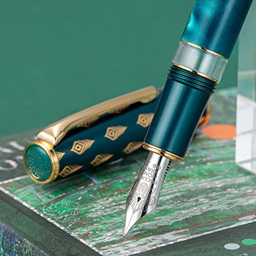 Hongdian N7 Blau Pfau Harz Kolben Füllfederhalter, Iridium Medium Feder Klassischer Stift, Glatt Schreibstift mit Metallbox