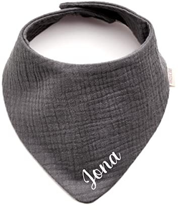 Personalisiertes Dreieckshalstuch aus Baumwolle, Halstuch für Jungen, Mädchen, Unisex, mit Druckknopfverschluss, in verschiedenen Farben mit Wunschnamen (Dunkelgrau)