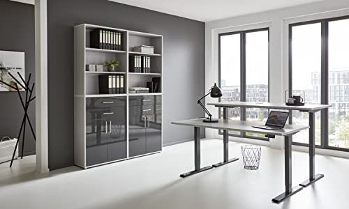 Arbeitszimmer e-TABOR 20 in diversen Farben höhenverstellbar (Gestell: anthrazit, Korpus-Front: lichtgrau / anthrazit Hochglanz, Tischplatte: lichtgrau, Abmessung Tischplatte: 160 x 80 cm)