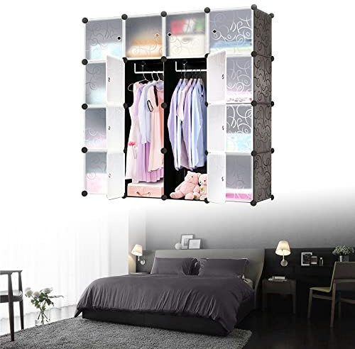 HENGMEI Kleiderschrank, DIY Regalsystem, Aufbewahrung Schrank, PP-Kunststoff mit Tür Garderobenschrank, Wasser und Staubdicht für Schlafzimmer Badezimmer (16 Boxen mit Tür, Schwarz)