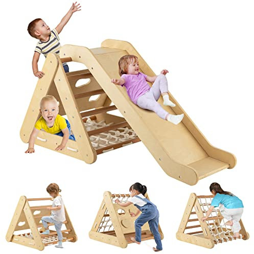 DREAMADE Triangle Montessori d’Escalade 4 en 1 pour Enfant 1+ Ans avec Toboggan en Bois & Filet d'escalade & Échelle, Jouets d'escalade pour Salon Chambre d'enfant Garderie (Naturel)