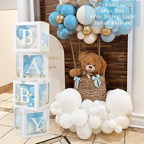 Scatole Decorazioni Baby Shower Ragazzi, 30 Palloncini Blu Bianchi, 4 Scatole Palloncini Trasparenti con 4 Fili Luminosi e 33 Lettere (BABY+ONE+A-Z), Box Baby per Baby Shower, Decorazioni Compleanno