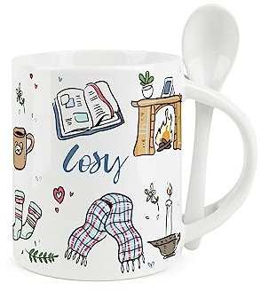 Hot Chocolate Mug and Spoon Set - Cosy Snuggly Comfy - Ceramic White Coffee/Tea Mug with Spoon in Handle