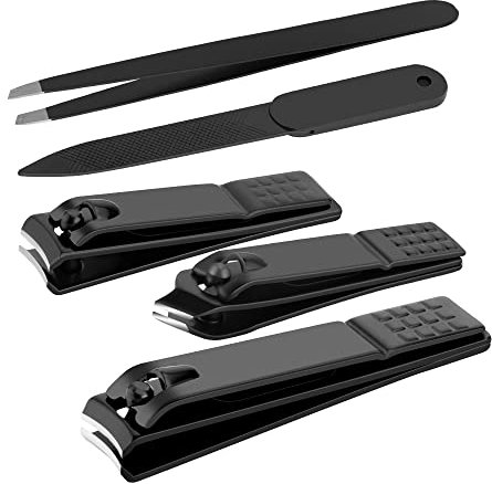 Juego de cortaúñas de acero inoxidable negro mate, uñas gruesas y cortaúñas encarnadas, pinzas y lima de uñas, 5 piezas perfectas para hombres y mujeres (negro)