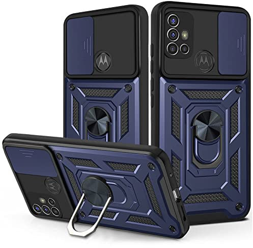 WBWONE Hülle für Motorola Moto G30/G20/G10, TPU/PC Stoßfest Schutzhülle Handyhülle mit 360 ° Drehung Fingerring Stände Und Verschiebbare Kameraabdeckung, Blau