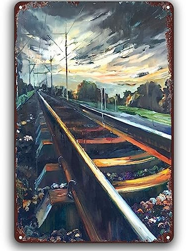 Metallschild, Eisenbahnschiene, Retro, Vintage, Sonnenuntergang, Landschaft, Poster, Lokomotive, Dekoration, Wandschild, Poster für Zuhause, Hof, Café, Bar, Pub, Männerhöhle, 14 x 20 cm