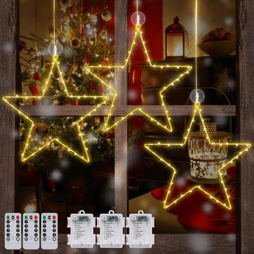 Herefun Weihnachtsdeko Fenster Beleuchtet, 3er Hängend Fensterlicht Batteriebetriebene mit Saugnäpfe, LED Saugnapf Weihnachten Lichter, LED Vorhang Licht Batteriebetrieben für Innen Außen
