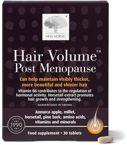 New Nordic Hair Volume Menopause, Supports Healthy Hair Growth, Extra Strength 3000mcg Biotin, Vitamins B6 & B12, Nourishes Mature Hair, 30 Tablets
