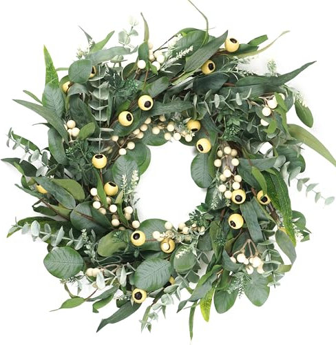 HomeKaren Wreaths for Front Door 22 Inch, All Season Greenery Wreath Olive Eucalyptus Leaves and White Mixed Berry for Indoor Outdoor Farmhouse Home Porch Wall Window Festival Wedding Decor