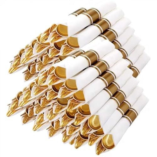 Nervure Juego de 100 cubiertos de plástico dorado preenrollados, cubiertos martillados dorados resistentes, incluye 400 utensilios desechables envueltos con servilletas para fiestas, cenas y bodas