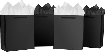 OfficeCastle 10-Pack Black Gift Bags with Handles and Tissue Paper - Perfect for Valentine's Gifts and Shopping (8.66x3.94x7.09in)