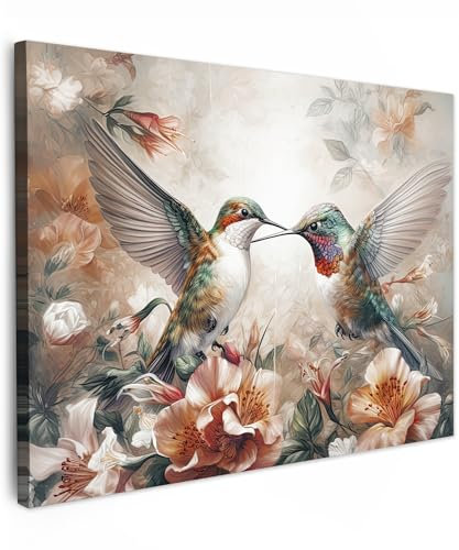 MuchoWow© Leinwände 80x60 cm Wall Decoration Bilder für die Wand Schlafzimmer Deko Pictures Canvas Painting Wanddekoration Wohnzimmer Kolibri - Vögel - Blumen - Natur