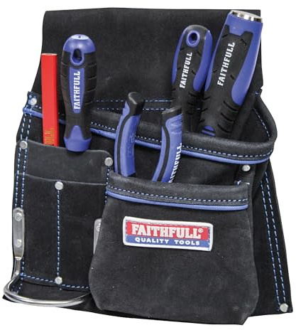 Faithfull Suede Leather Double Tool & Nail Pouch – 10 Pocket Tool Belt with Hammer Loops & Adjustable Webbing Belt (Fit: 29-46 Inch) for Carpenters, Roofers & Joiners – Black. Tools not included.