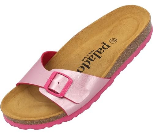 Palado Pantoletten Damen Malta Metallic – gefertigt in Spanien – weiche Veloursleder-Decksohle – robuste EVA-Sohle – edles Metallic-Design Pink/Pink UK8 - EU41