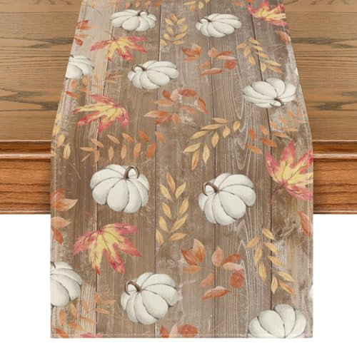 Artoid Mode Brown Pumpkins Maple Leaves Autumn Table Runner, Seasonal Fall Kitchen Dining Table Decoration for Home Party Decor 40x180 cm