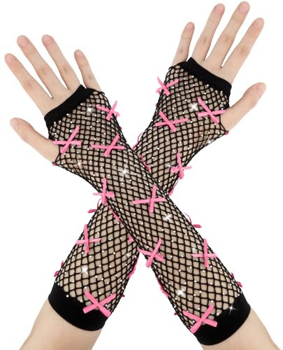 enithElite Guanti Lunghi Donna,Decorazioni Halloween,Guanti Senza Dita,Guanti Senza Dita Donna,Guanti Neri Lunghi,Guanti In Rete,Guanti Anni 80,Guanti A Rete Halloween,Fiocco Rosa Con Strass (1 Paio)