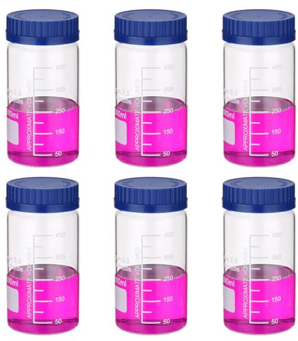 PATIKIL 6 Pack Reagent Media Storage Bottles, 500ml Borosilicate Glass Wide Mouth Graduated Round Bottles with GL32 Blue Screw Cap for Lab Water Reagent Liquids, Clear
