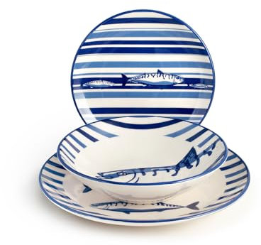 H&H Puerto Tafelservice 18-teilig – für 6 Personen – Stoneware – Sardinen-Dekor in Blau & Azur – maritimes Design