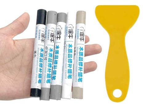 6Pcs Furniture Repair Kit 5X Wax Filler Sticks 1X Scraper Laminate Floor Repair Kit for Stains Scratches Wood Floors Tables Grey Series 11 x 1.2cm