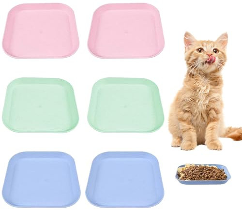 Kitten Food and Water Bowls - 6 Pcs Plastic Cute Shallow Cat Feeding Bowls, Multipurpose Raised Pet Bowl for Cats, Dogs, Small Animals (Square)