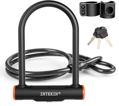 INTEKIN Bike U Lock Robustes Fahrradschloss, 16 mm U-Schloss und 91 cm langes Sicherheitskabel mit stabiler Halterung für Fahrrad, Motorrad und mehr