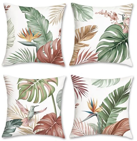 Bonhause 4er Set Kissenbezüge Tropische Blätter 45 x 45 cm Aquarell Blätter Vogel Samt Soft Dekorative Kissenhülle Zierkissenbezüge für Sofa Zuhause Garten Dekoration