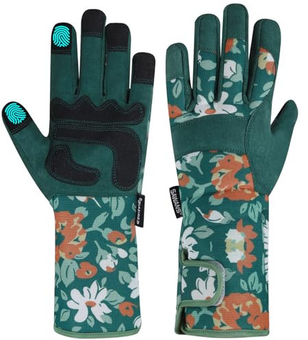 SAWANS Long Gardening Gloves for Women Men Thorn Proof Garden Gloves Safety Breathable and Comfortable Extra Long Forearm Protection for Rose Blackberry Pruning &Yard & Outdoor Work (Green, M)