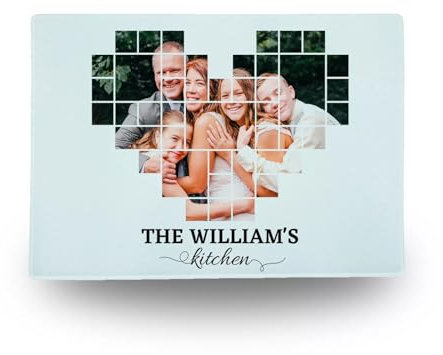 Tabla de cortar de vidrio templado personalizable con collage de fotos familiares de corazones, apellido personalizado, acabado de chinchilla, regalo higiénico de cocina para ella (grande)