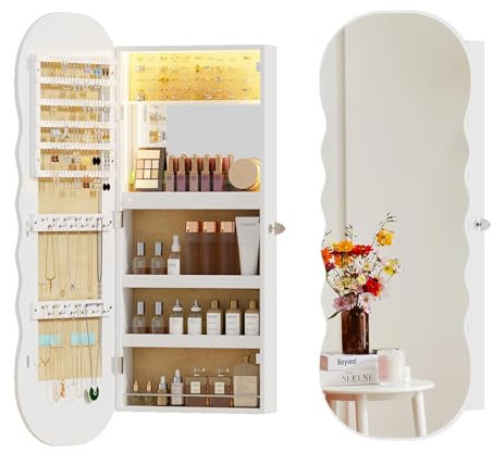 Gurexl Schmuckschrank mit Spiegel, Schmuckschrank Hängend LED Spiegelschrank Abschließbarer Wandspiegel zum Aufhängen der Wand Großer Stauraum für Badezimmer Schlafzimmer (Weiß)