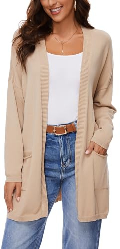 BERESIA Cardigan Ouvert en 100% Coton, Manches Longues, avec Poches, Pull Tricot Doux, Style Décontracté, Kaki, S
