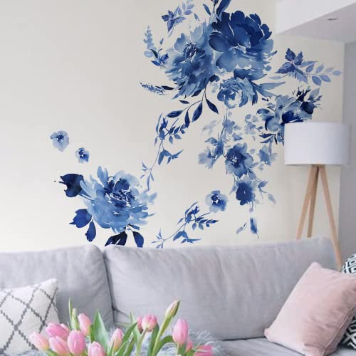 Neukids 3pcs 38×120cm Large Vintage Floral Wall Decals,Peel and Stick Wall Stickers,Self-Adhesive Wallpaper Sticker Living Room Bedroom Tv Background Wall Decor,Blue Flowers