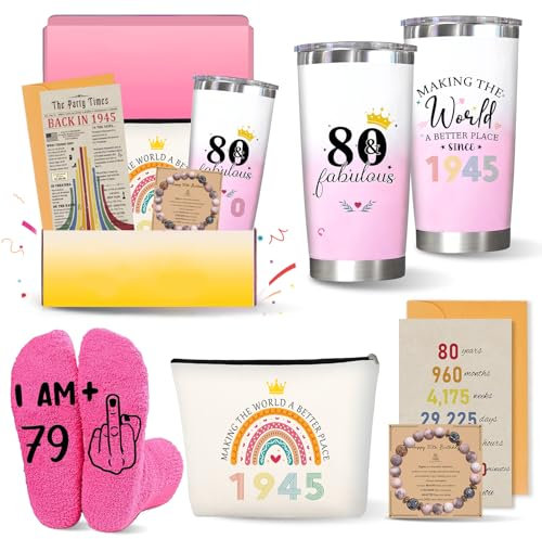 Zyphoria 80th Birthday Gifts for Women, 80 1945 Year Old Gift for Woman, Cool Happy Birthdays Decorations Presents Basket for Ladies Turning-80, Funny 80 & Fabulous Tumblers for Her Mom Grandma Aunt