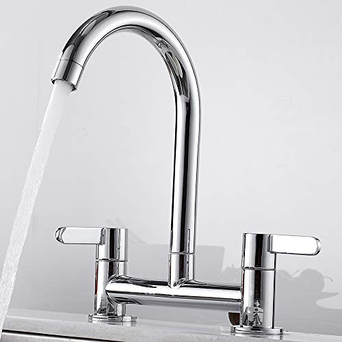 Foppla Mitigeur d'évier de cuisine, bec pivotant à 360°, robinet pont à 2 trous, robinet mitigeur froid et chaud, robinets de cuisine montés sur le pont (galvanoplastie argentée)