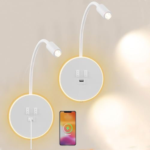 2Pcs Lámpara de Pared LED, Aplique de LED Luz de Lectura con Interruptor y puerto de carga USB,Luz de Lectura Junto a la Cama, Aplique de Pared Cabecera Ajustable Para Dormitorio Escaleras Salas