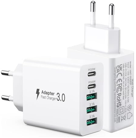 2er Pack USB C Ladegerät 50W, 5 Ports Mehrfach USB Stecker mit【2 USBC+3 USBA】, 50W Netzteil Wand-Ladegerät, Fast Charge PD 3.0 Power Adapter Kompatibel mit iPhone 12/13/14/15/Samsung/Handys/Tablets