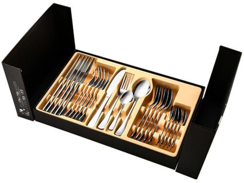 Jackanna Edelstahl Messer, Gabel und Löffel 24 Stück Western Steakmesser Dessertlöffel Besteck Set mit Messer/Gabel/Löffel, Besteck-Geschenk-Set (Silbernes 24-teiliges Set + Flip Top Geschenkbox)