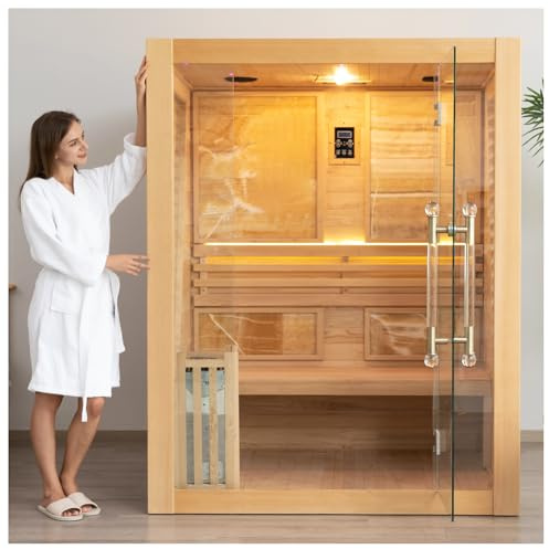 amocane Hemlock-Dampfsauna-Raum für den Innenbereich, 2–3 Personen, Holz, Heimsaunen mit 3,5 kW Harvia-Heizung, luxuriöses Sauna-Zubehör-Set mit Sauna-Rückenlehne, Eimer, Felsen (149,9 x 109,2 x 190,5