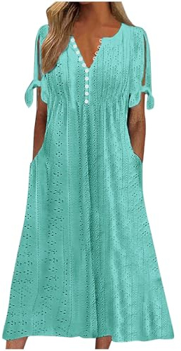 Dresses for Women UK, Holiday Essentials Ladies Summer Boho Dresses Short Sleeve Casual Beach Midi Sundress V Neck Hollow Out Eyelet Ruffle Swing A Line Flowy Vacation Dress