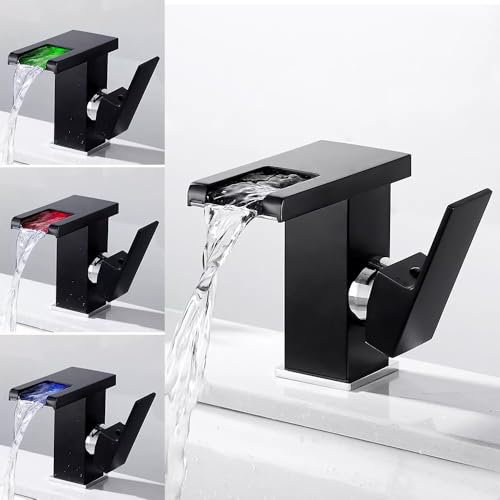 CHIMHOON RGB Wasserhahn, LED Wasserfall Wasserhahn Hoch, Bad Wasserfall Waschbecken, LED Waschtisch Armatur Beleuchtung, 304 Edelstahl Einhebelmischer Warmes und kaltes Waschbeckenarmatur (Schwarz)
