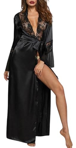 PARUPRUP Women’s Mesh Lingerie Long Kimono Robe Flared Sleeves Dressing Gown See Through Bathrobe (UK, Alpha, One Size, Regular, Regular, Black)