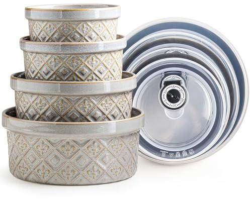 MISSYSSIM Ceramic Mixing Bowls with Lids Set of 4, Embossed Nesting Storage Bowls for Cooking, Serving, Salad, Popcorn etc, Microwave and Dishwasher Safe, Baking Dishes 12/16/28/40 oz (Gray)