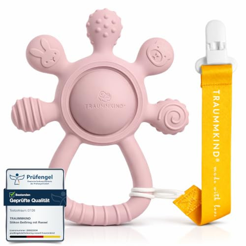 Traummkind Beißring Baby mit Rassel & Clip – Baby Zahnungshilfe aus BPA-freiem Silikon ab 3 Monate – Greifling & sensorisches Beißspielzeug, Babyrassel, Geschenk zur Geburt (Altrosa)