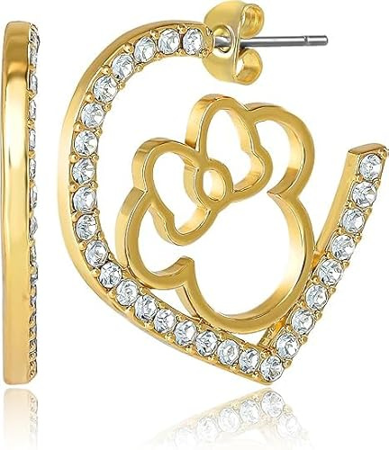 Boucles d'oreilles créoles Minnie Mouse en forme de cœur avec strass - Licence officielle - Plaqué or 18 carats - Pour la Saint-Valentin