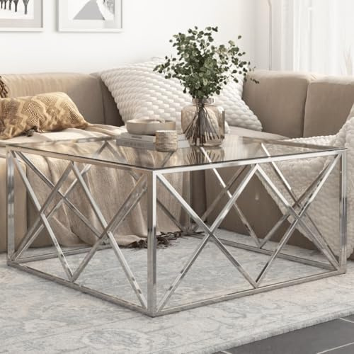 Nqyjm Bout de Canapé Table Basse argenté Acier Inoxydable et Verre trempé, Table de Salon Idéale pour Bureau, Petits Espaces349977