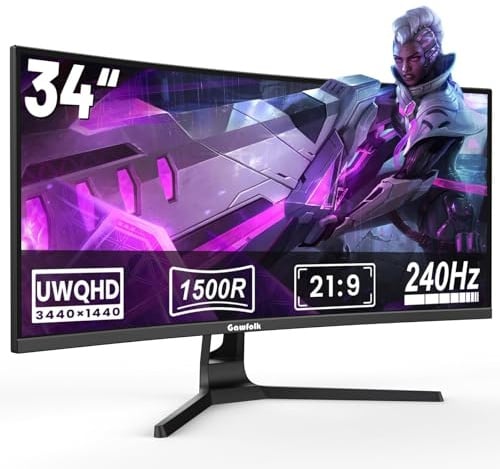 Gawfolk Monitor Curvo 34 Pollici Gaming Monitor 240hz, 1500R, UWQHD 3440x1440, Adaptive Sync, HDMI2.0 & DP1.4
